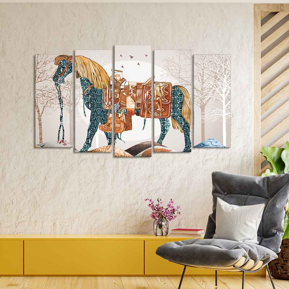 Premium Wall Painting of Patterned Horse of Five Pieces - Image 3