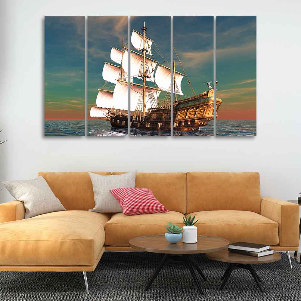 Premium Wall Painting of Ship on the Ocean Five Pieces - Image 2