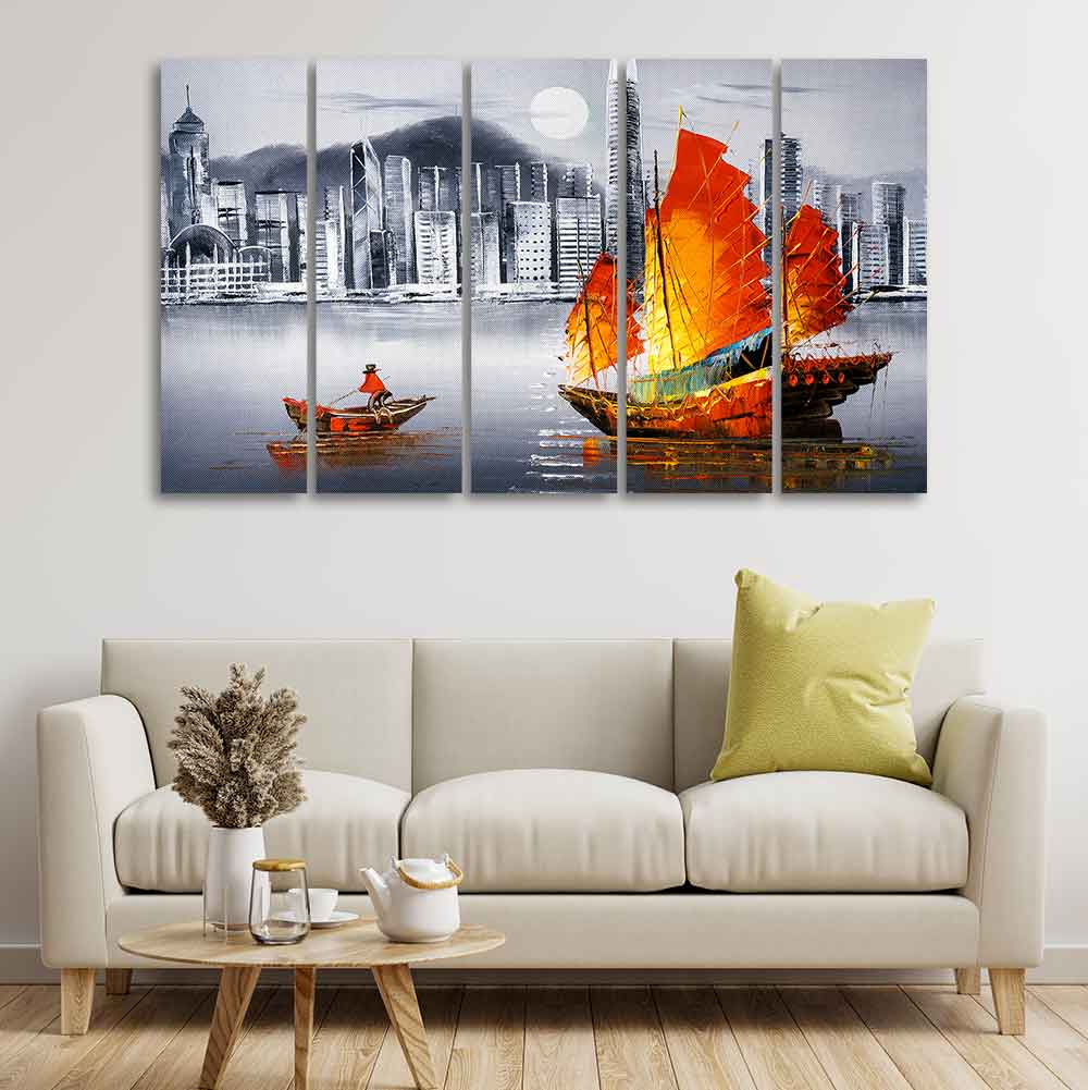 Premium Wall Painting of Victoria Harbor, Hong Kong Set of Five - Image 2