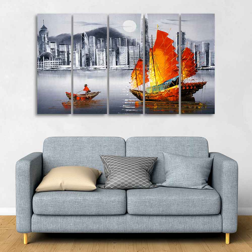 Premium Wall Painting of Victoria Harbor, Hong Kong Set of Five - Image 3