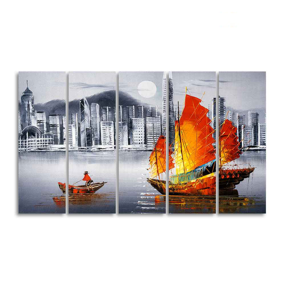 Premium Wall Painting of Victoria Harbor, Hong Kong Set of Five - Image 4