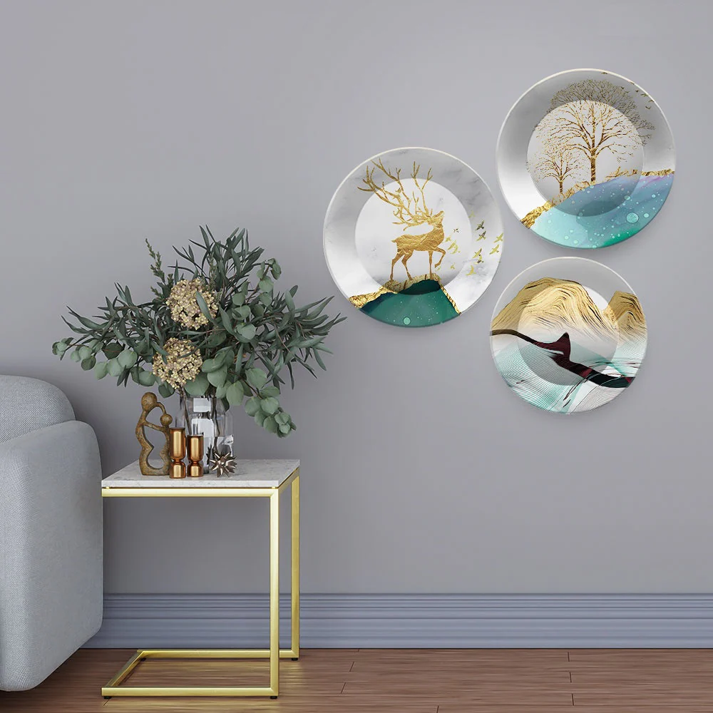 Premium Wall Plates Painting of Golden Deer Art Set of 3 - Image 2