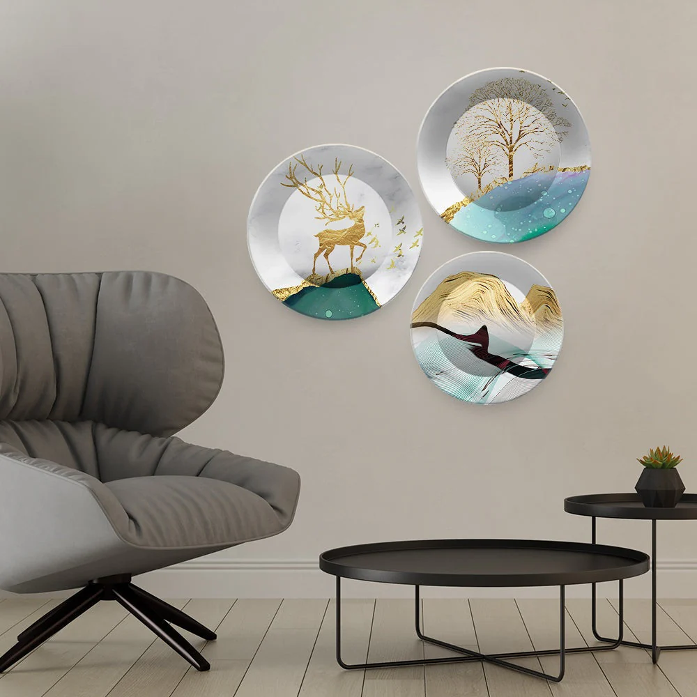 Premium Wall Plates Painting of Golden Deer Art Set of 3 - Image 3