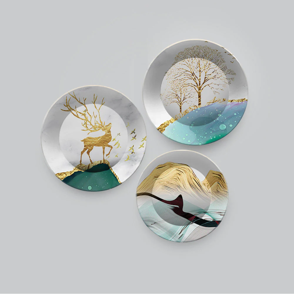 Premium Wall Plates Painting of Golden Deer Art Set of 3 - Image 4