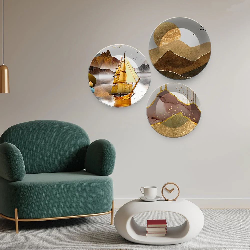 Premium Wall Plates Painting of Golden Mountains Set of 3 - Image 2
