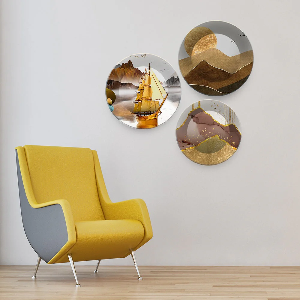 Premium Wall Plates Painting of Golden Mountains Set of 3 - Image 3