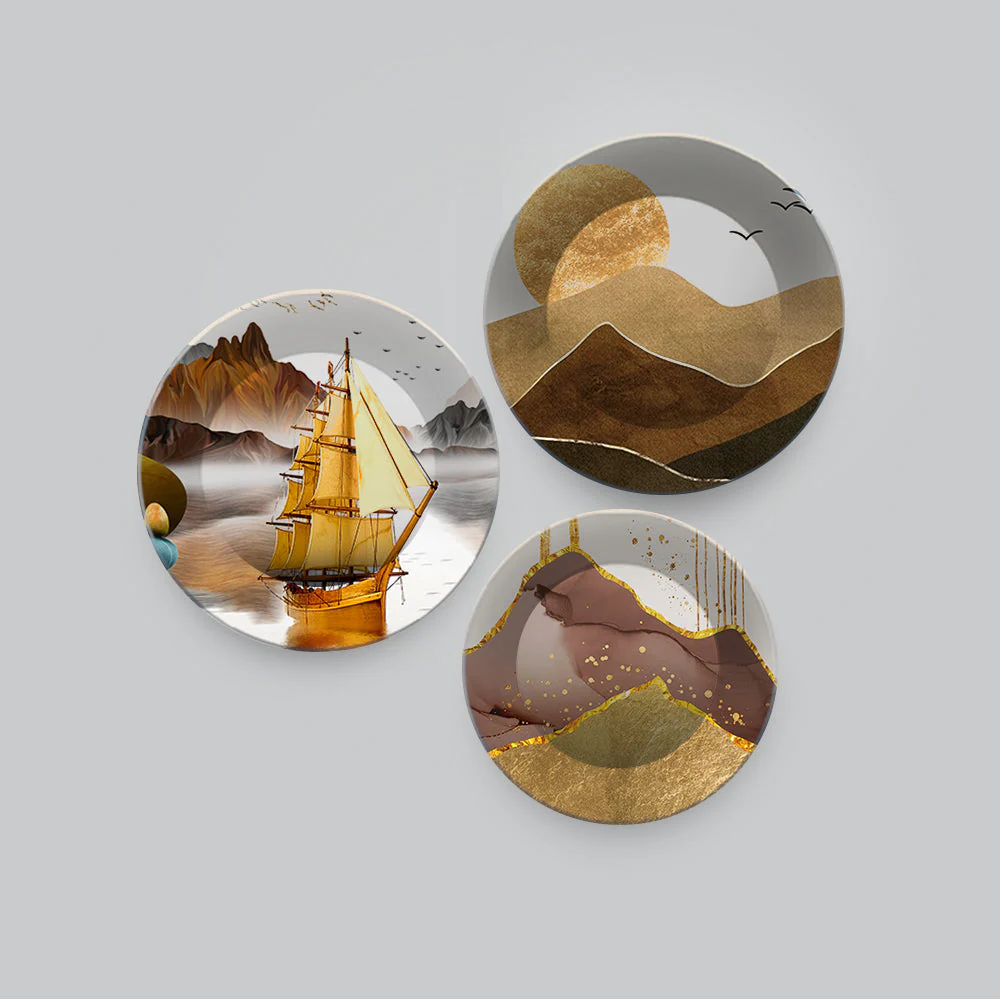 Premium Wall Plates Painting of Golden Mountains Set of 3 - Image 4
