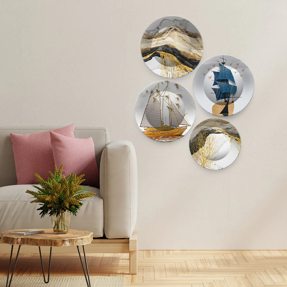Premium Wall Plates Painting of Golden Mountains Set of 4 - Image 2