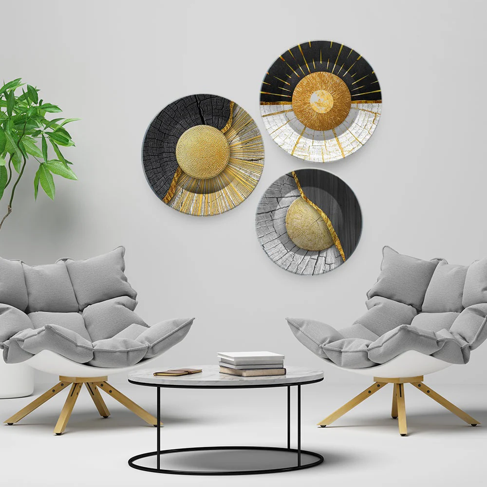 Premium Wall Plates Painting of Golden Textured Art Set of 3 - Image 2