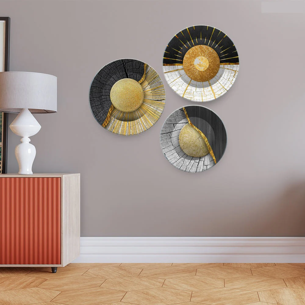 Premium Wall Plates Painting of Golden Textured Art Set of 3 - Image 3