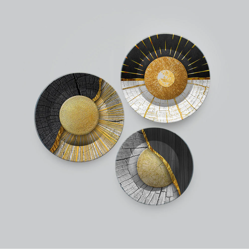 Premium Wall Plates Painting of Golden Textured Art Set of 3 - Image 6