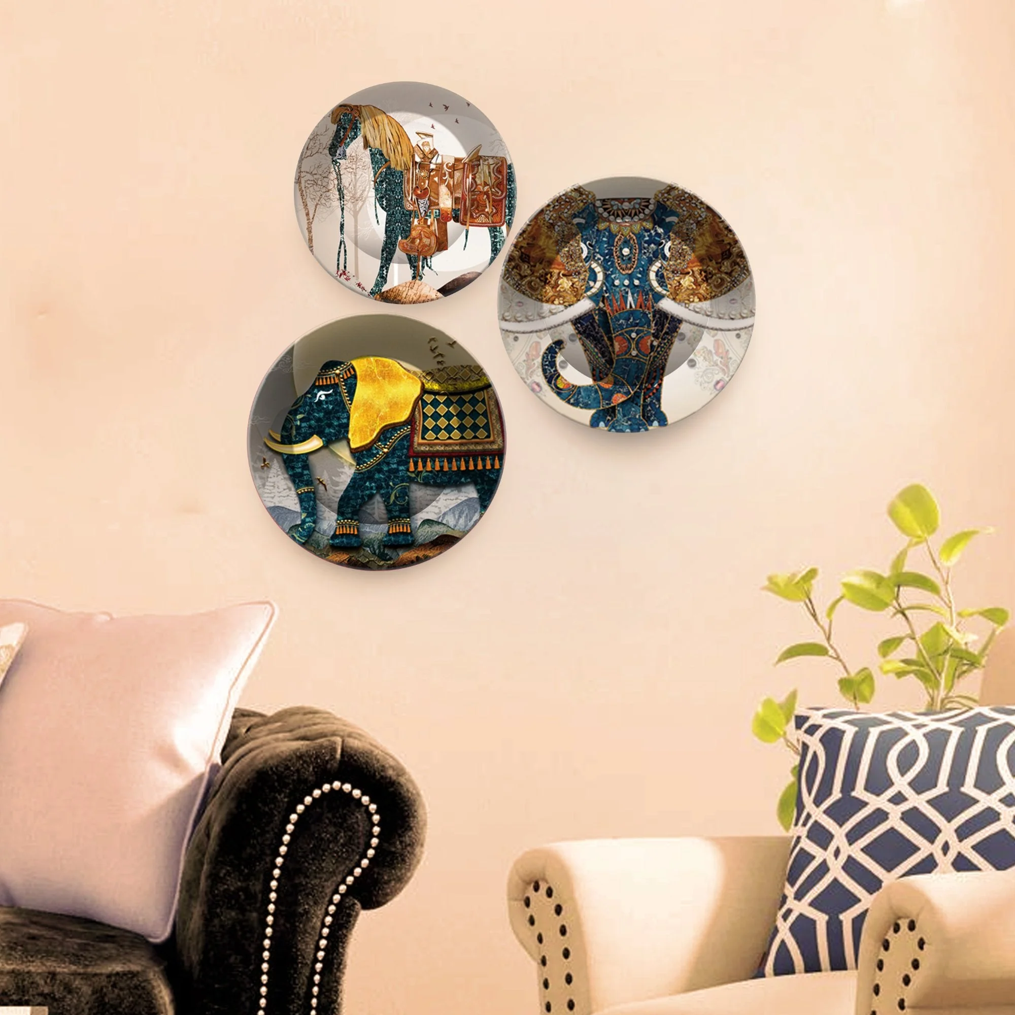 Premium Wall Plates Painting of Royal Animal Ride Set of 3 - Image 3