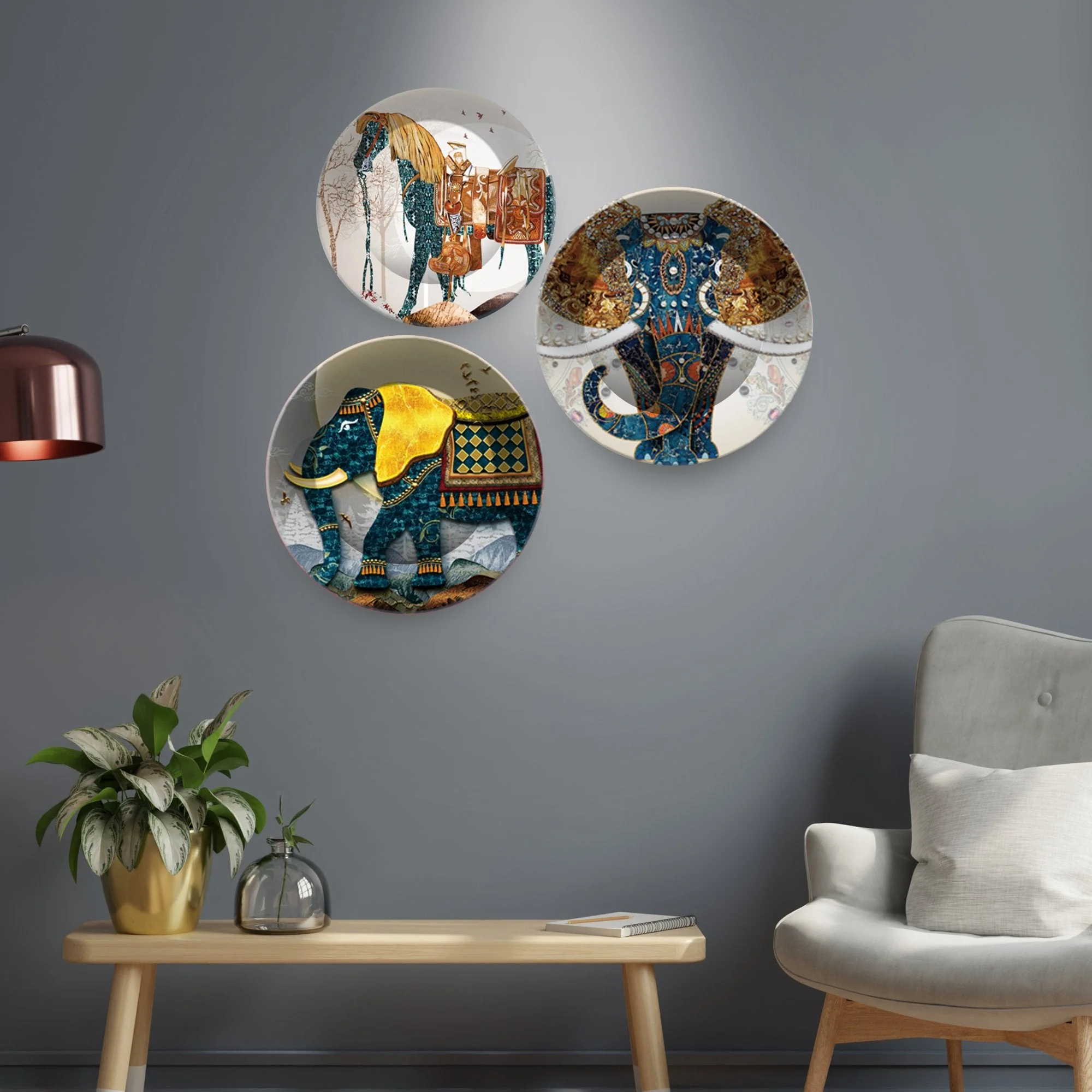 Premium Wall Plates Painting of Royal Animal Ride Set of 3 - Image 4