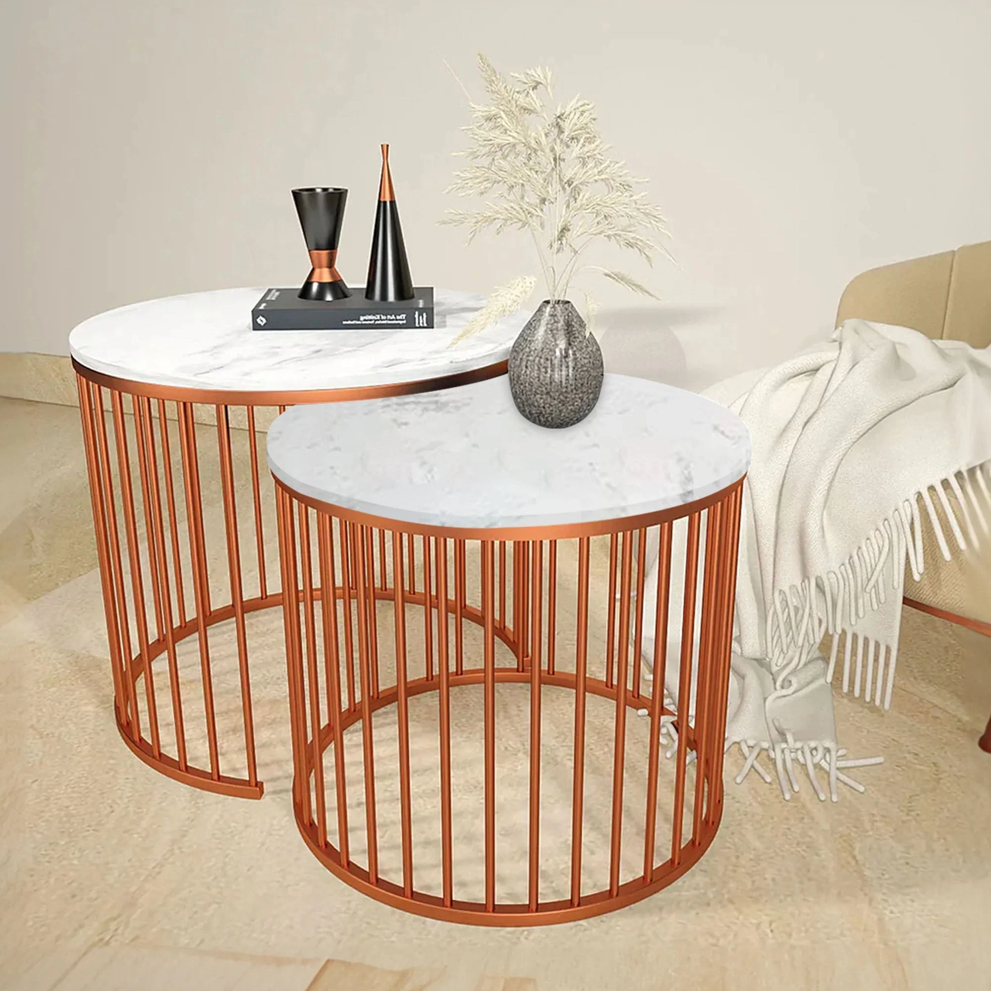 Premium White Caged Copper Nesting Table Set of 2 - Image 2