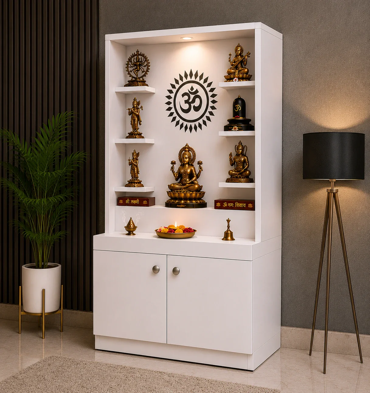 Premium White Finish Wooden Floor Temple with Spacious Storage Cabinet for Home & Office Spaces - Image 2