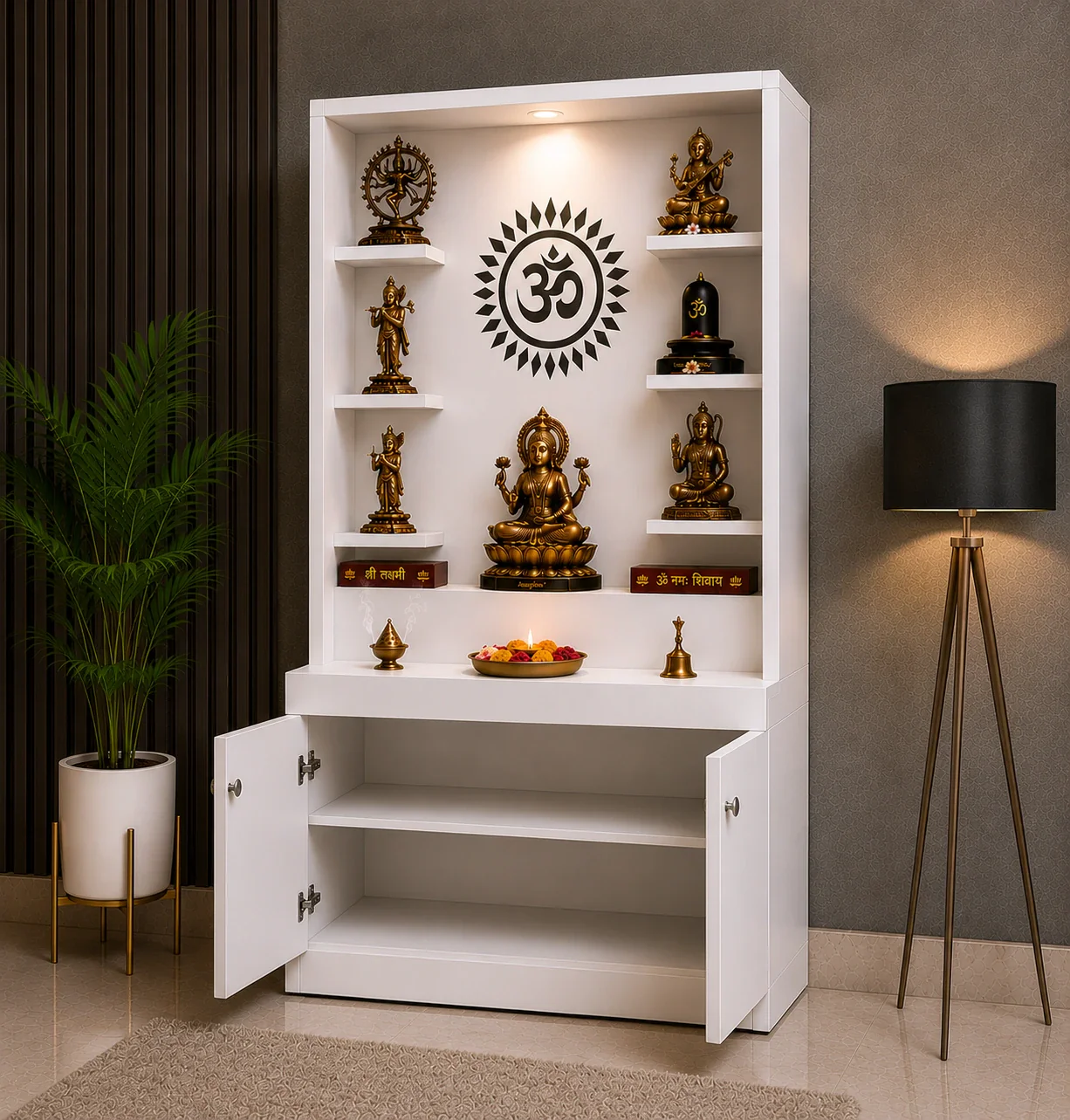 Premium White Finish Wooden Floor Temple with Spacious Storage Cabinet for Home & Office Spaces - Image 3