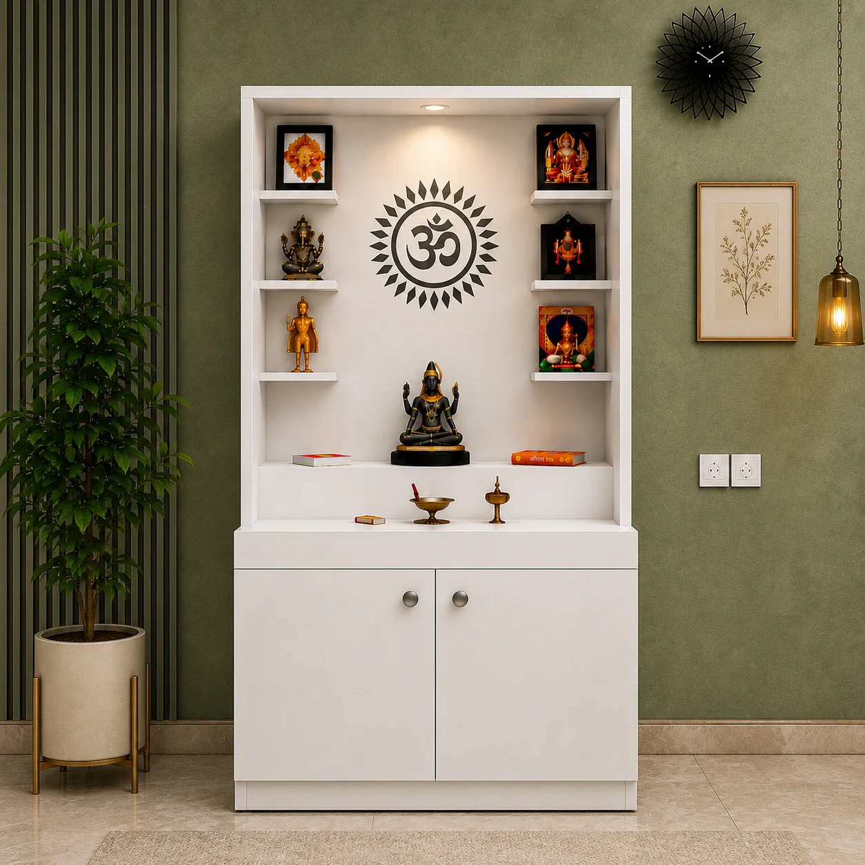 Premium White Finish Wooden Floor Temple with Spacious Storage Cabinet for Home & Office Spaces - Image 4