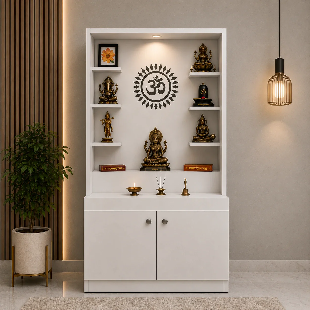Premium White Finish Wooden Floor Temple with Spacious Storage Cabinet for Home & Office Spaces - Image 5