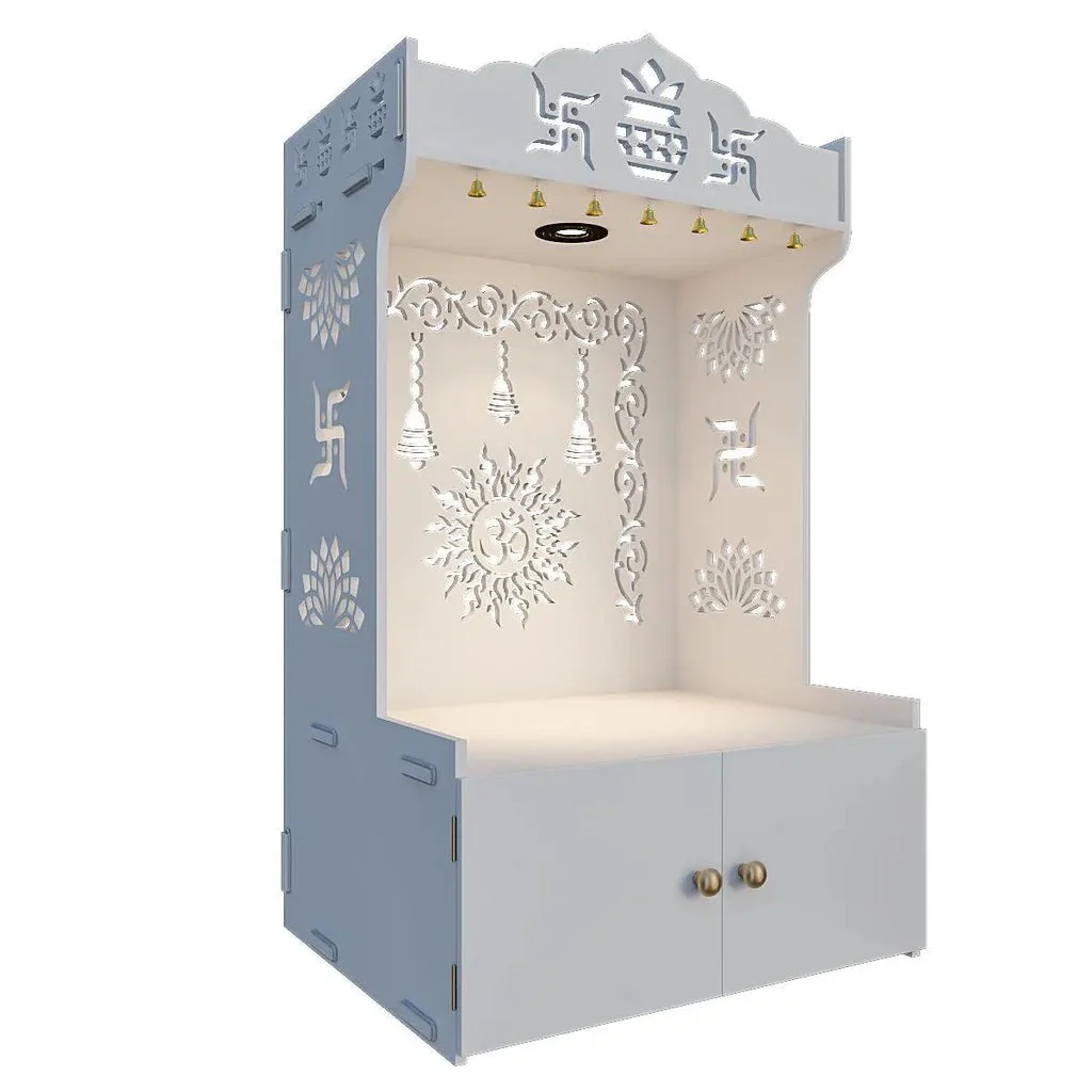 Premium White Wooden Floor Pooja Mandir with Laser-Cut Om Design & Storage Cabinet - Image 4
