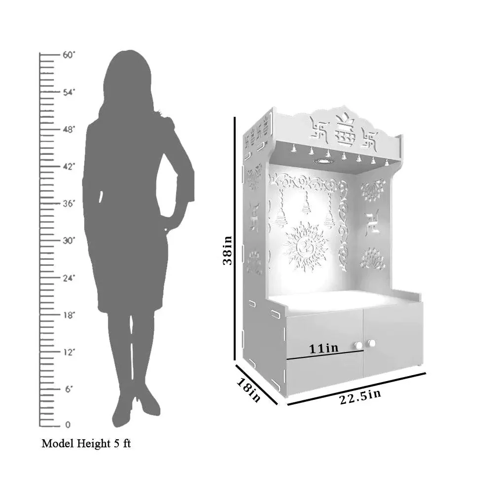 Premium White Wooden Floor Pooja Mandir with Laser-Cut Om Design & Storage Cabinet - Image 5