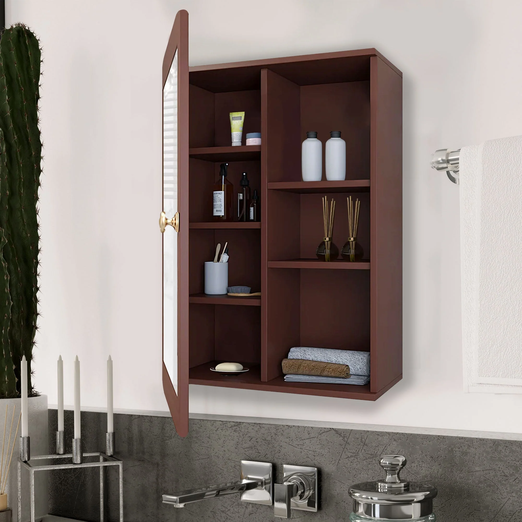 Premium Wooden Brown Bathroom Cabinet with Mirror & 7 Spacious Shelves - Image 3