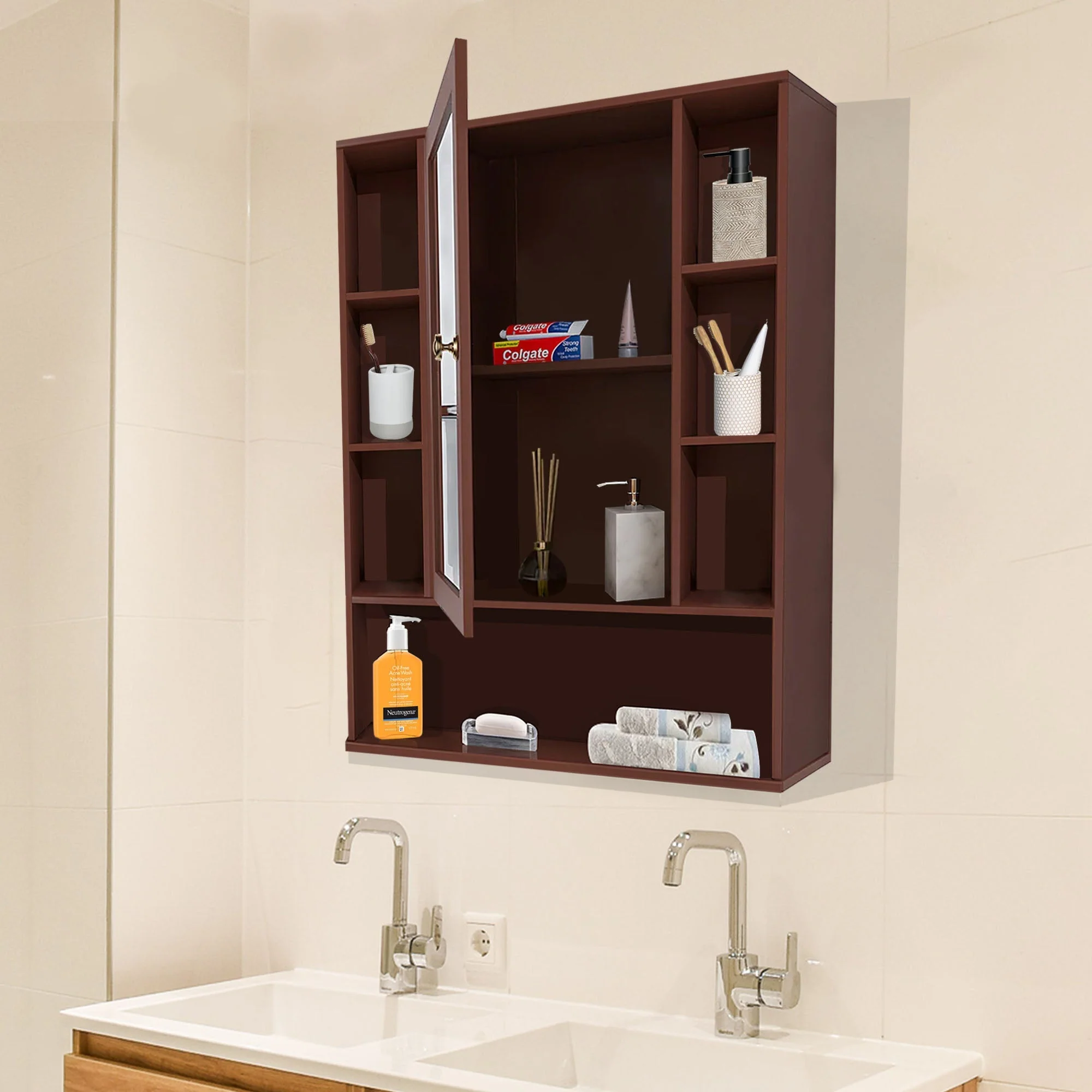 Premium Wooden Brown Bathroom Cabinet with Mirror & 9 Spacious Shelves - Image 3