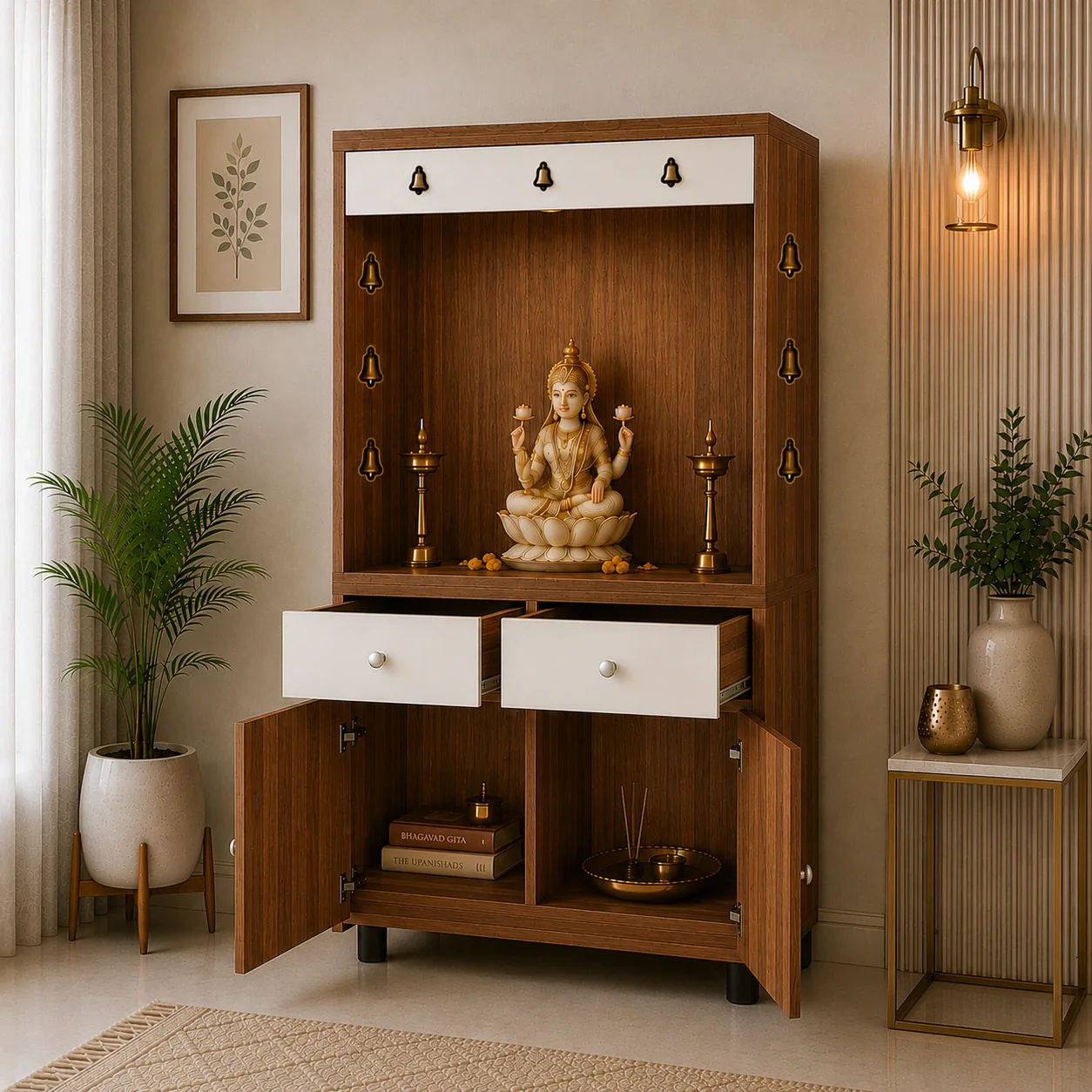 Premium Wooden Floor Temple with Spacious Drawer & Door Storage for Home & Office - Image 3