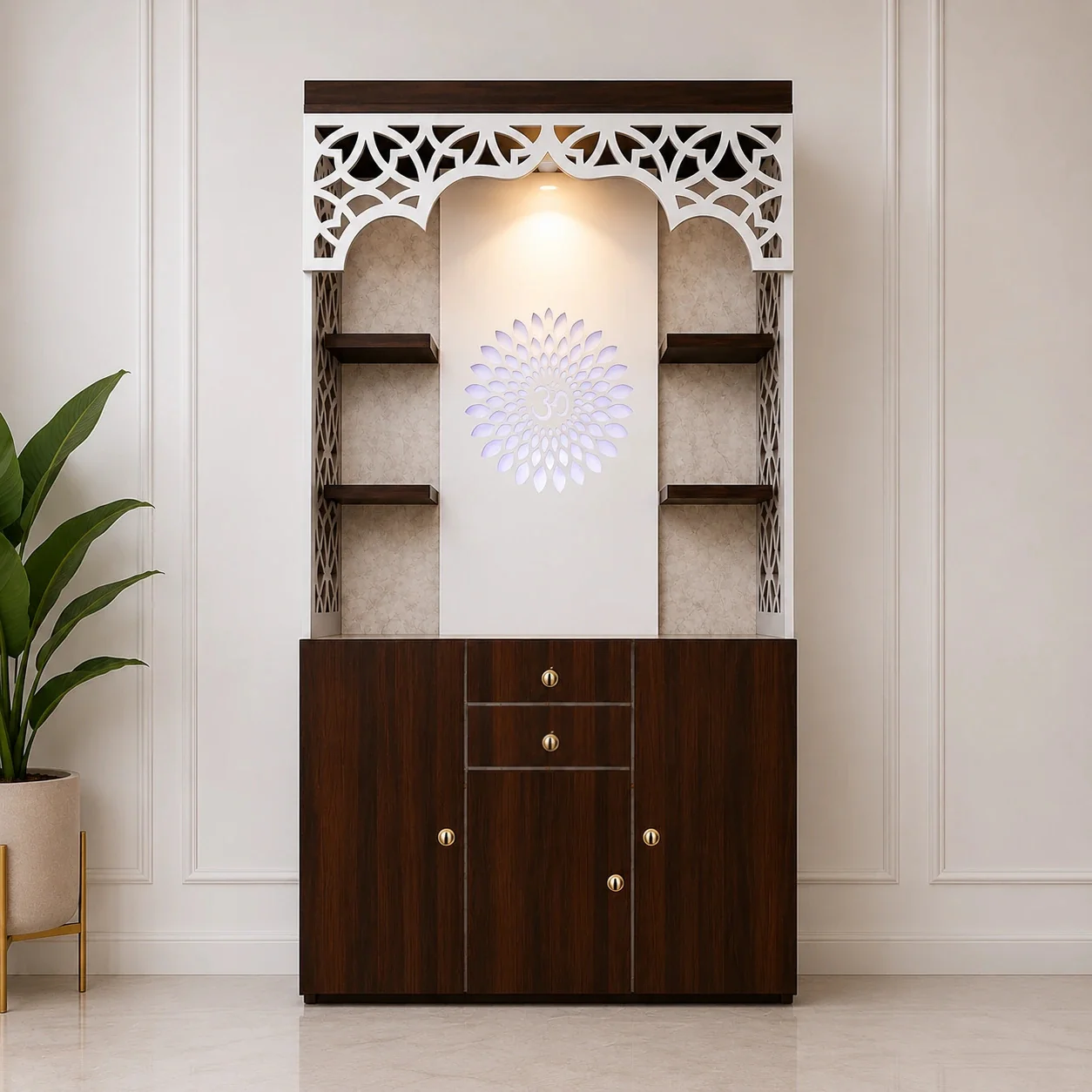 Premium Wooden Pooja Mandir with Storage Drawers and LED Light - Image 3
