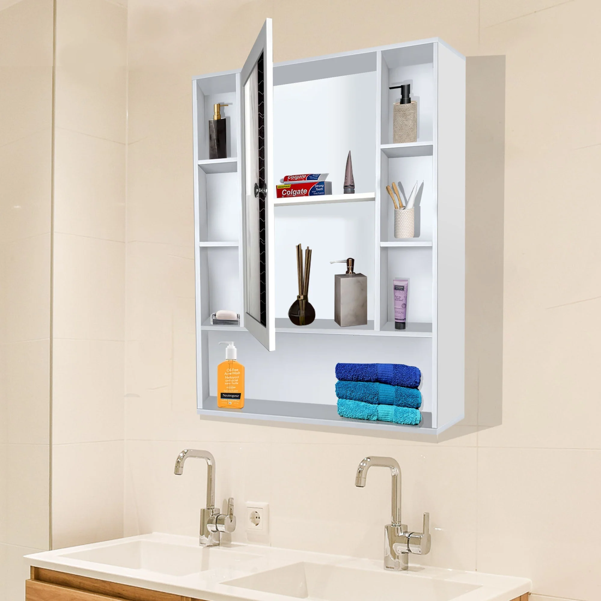 Premium Wooden White Bathroom Cabinet with Mirror & 9 Spacious Shelves - Image 3