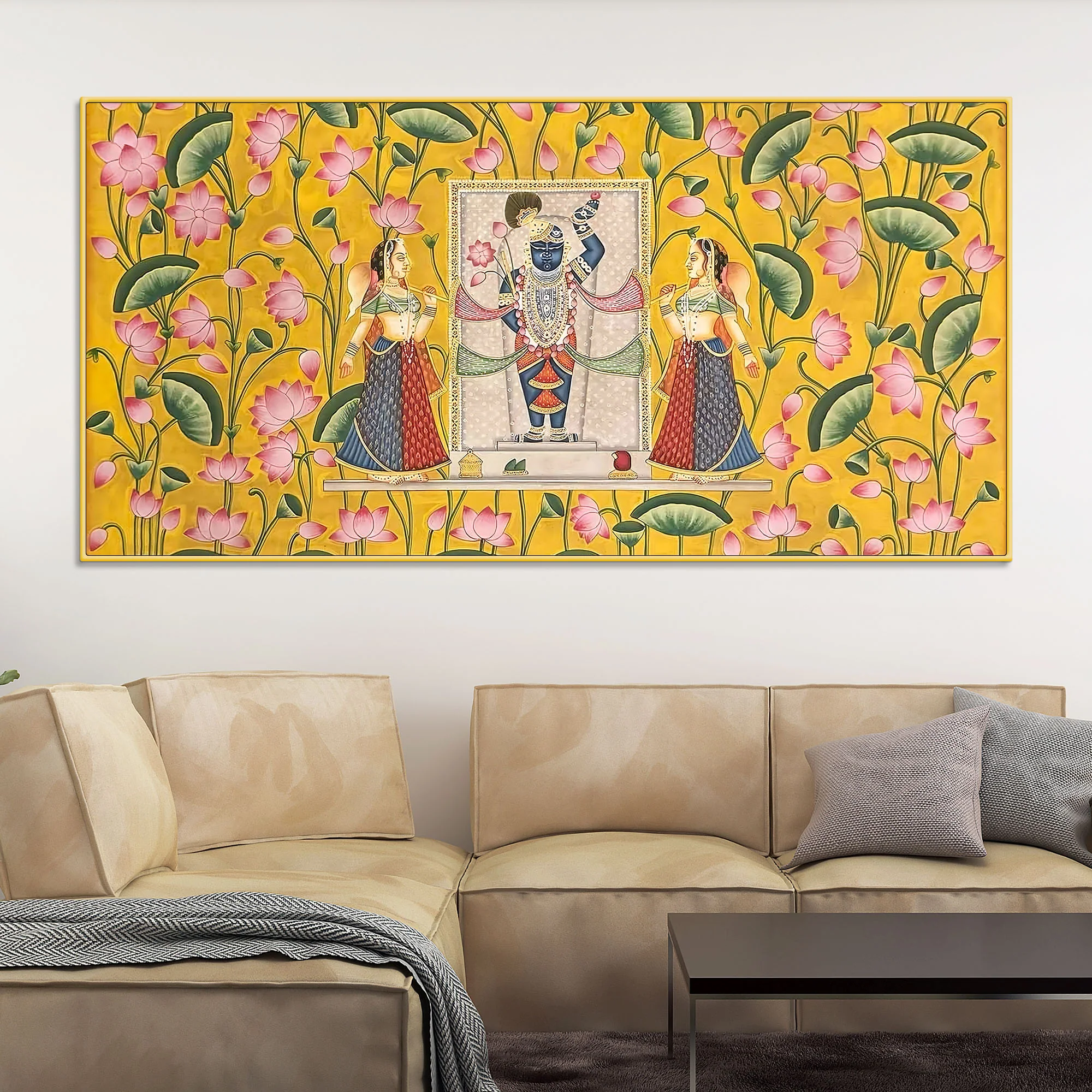 Premium Yellow Floral Themed Shreenathji Religious Canvas Pichwai Wall Painting - Image 2