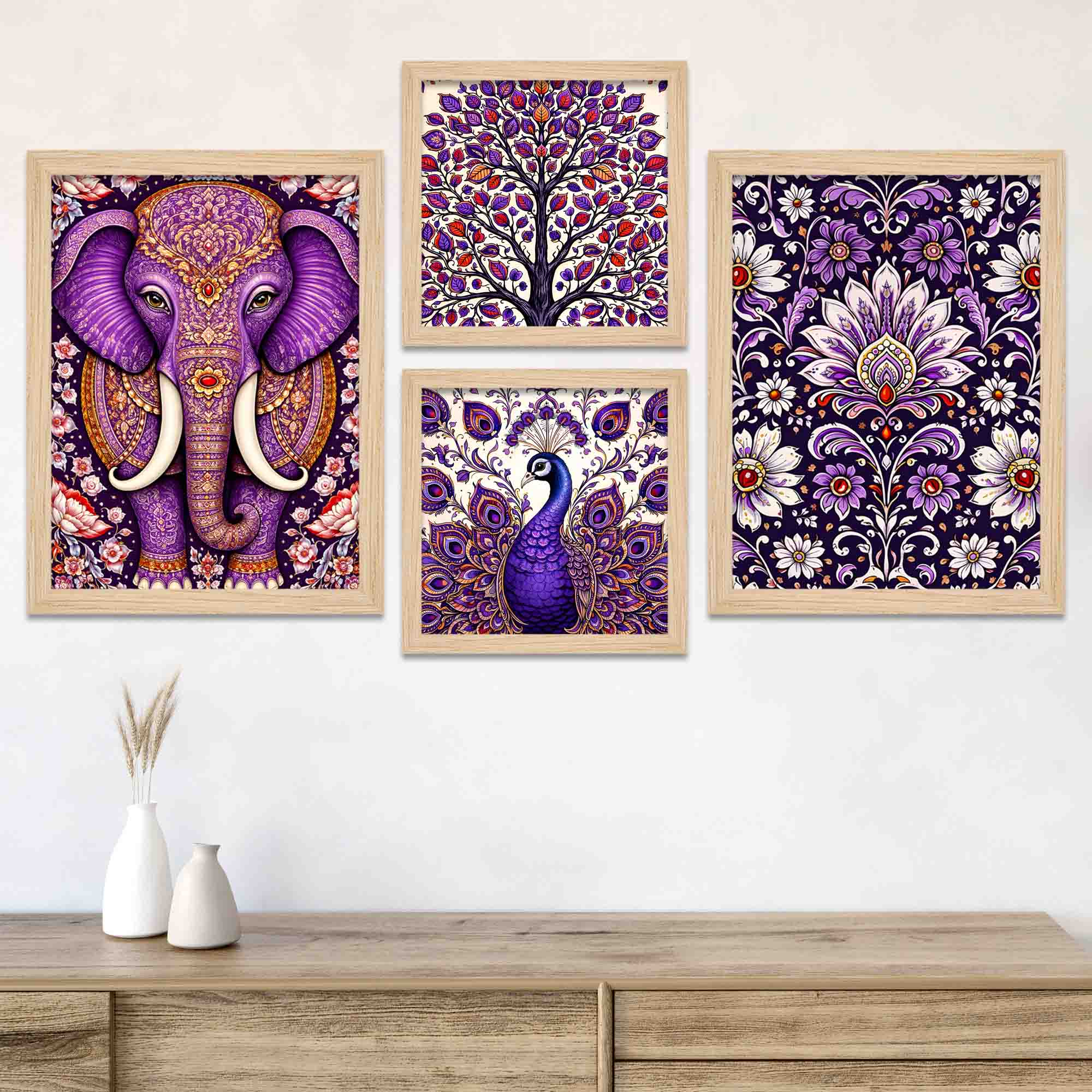 Purple Elephant & Peacock Floral Art Wall Frame Set of Four - Image 2