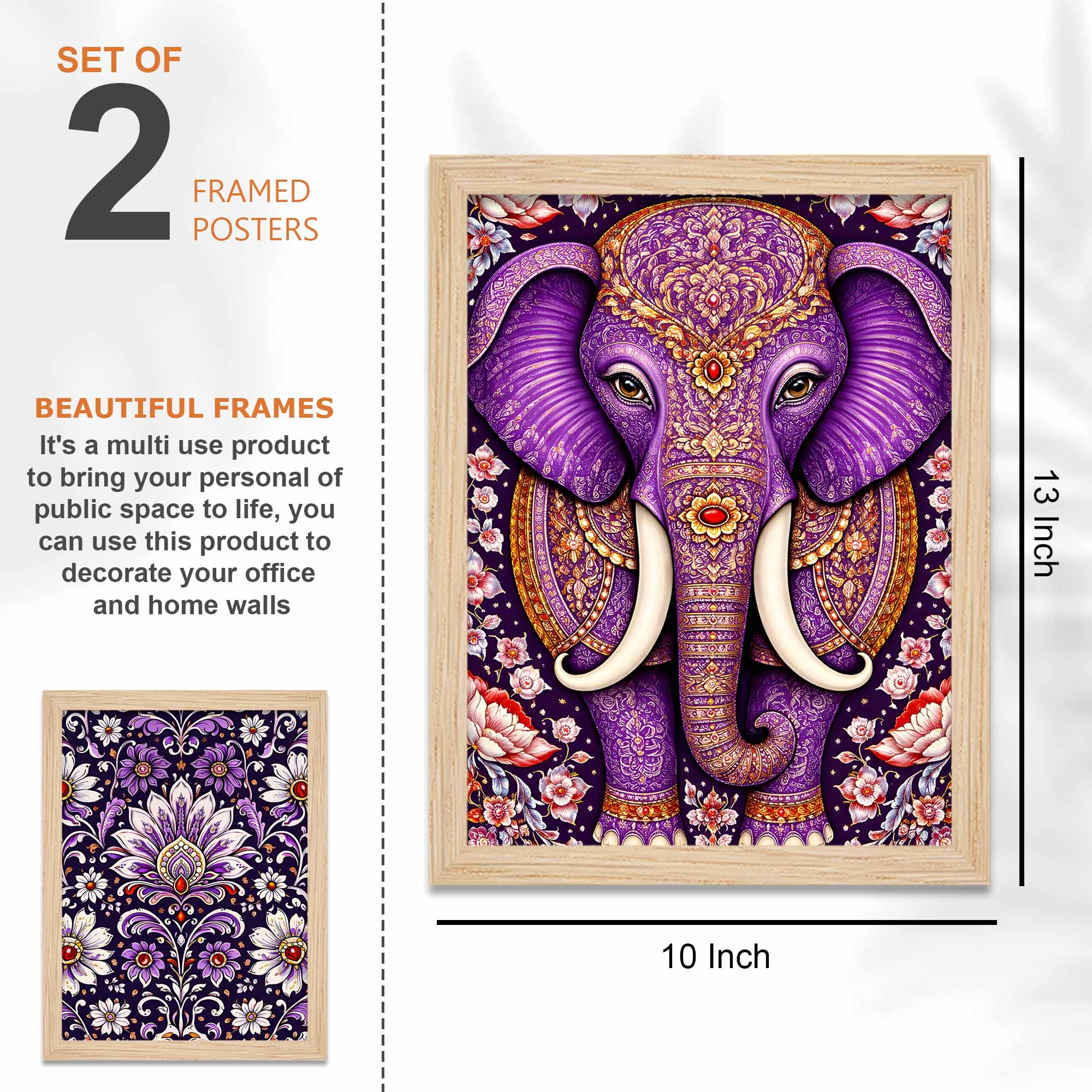 Purple Elephant & Peacock Floral Art Wall Frame Set of Four - Image 3