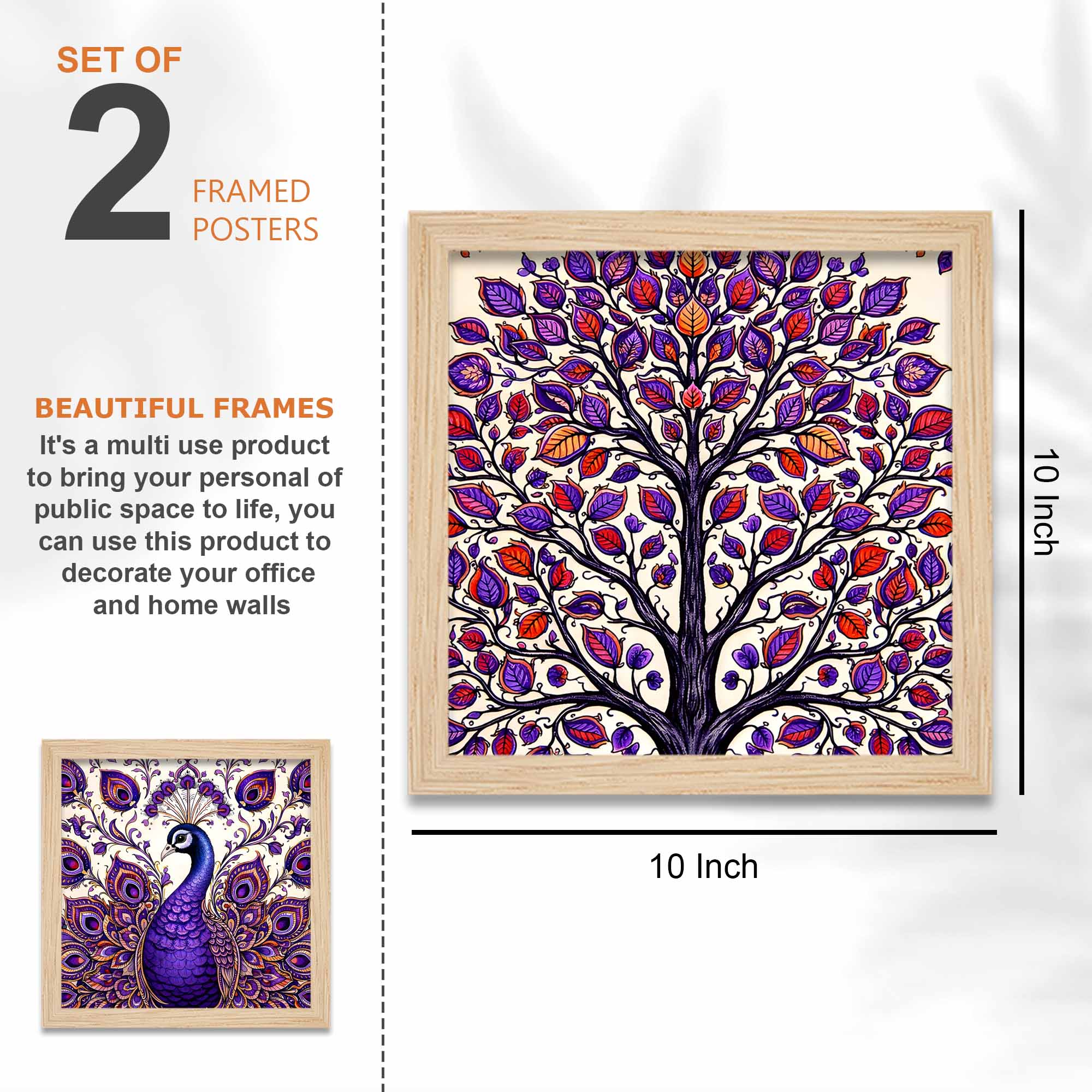 Purple Elephant & Peacock Floral Art Wall Frame Set of Four - Image 4