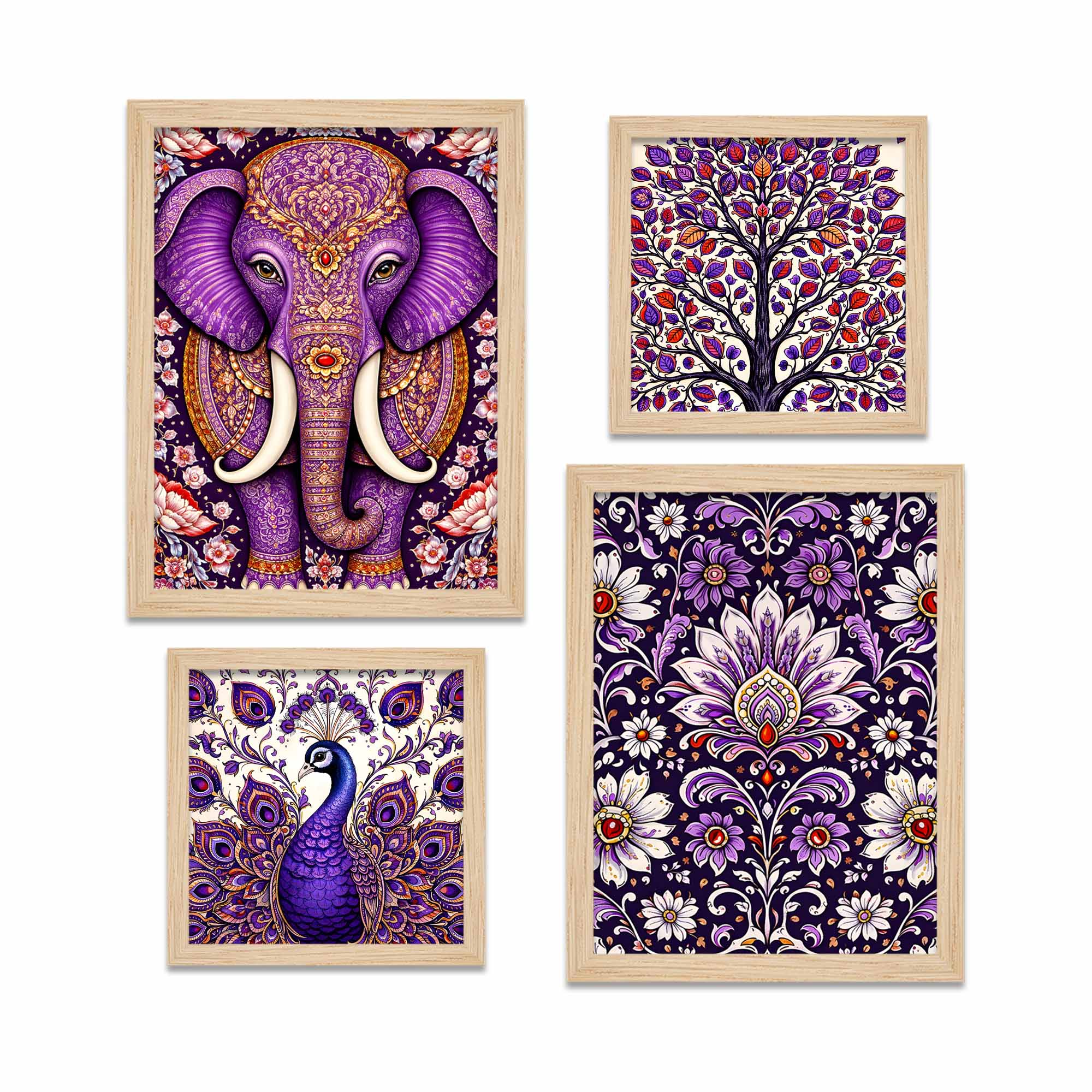 Purple Elephant & Peacock Floral Art Wall Frame Set of Four - Image 5