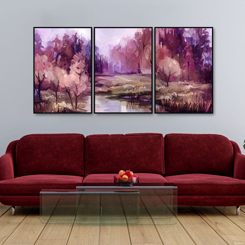 Purple Lake in Forest Premium Floating Wall Painting Set of Three - Image 2