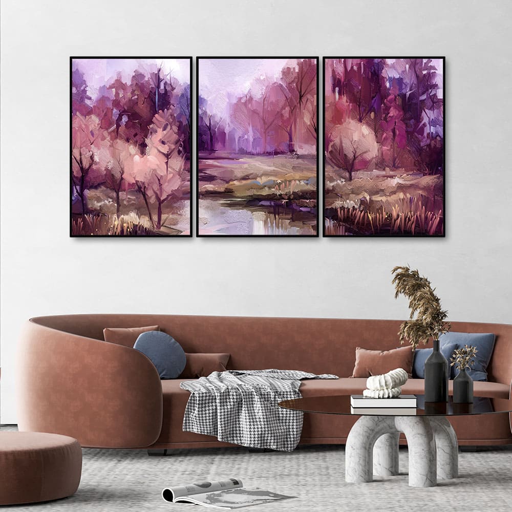 Purple Lake in Forest Premium Floating Wall Painting Set of Three - Image 3