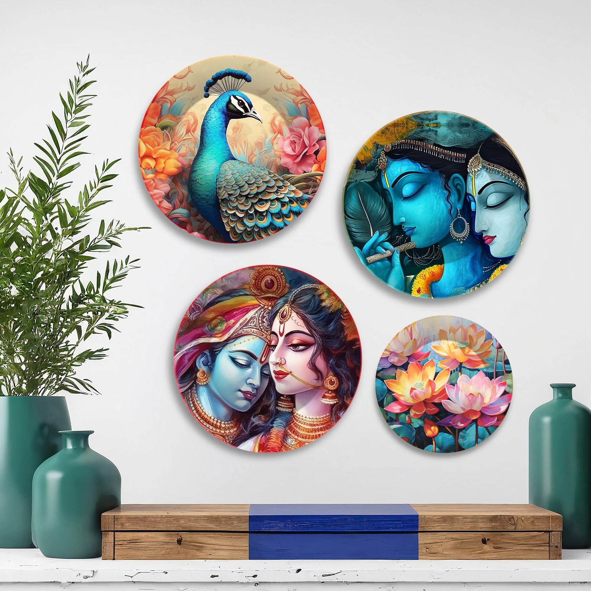 Radha Krishna and Peacock Wall Plates Painting Set of Four - Image 3