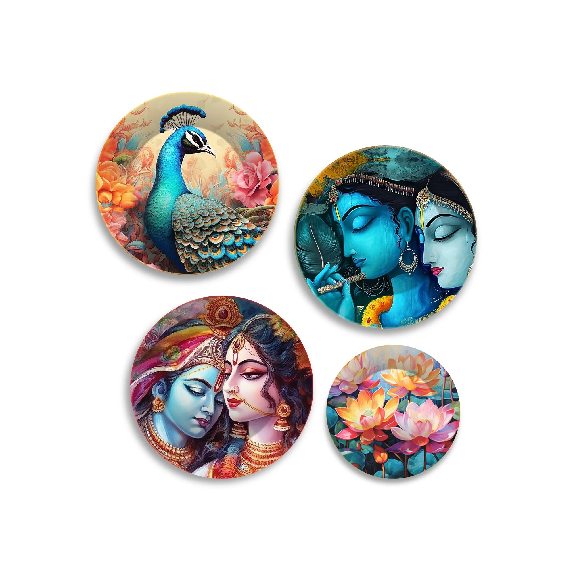 Radha Krishna and Peacock Wall Plates Painting Set of Four - Image 4