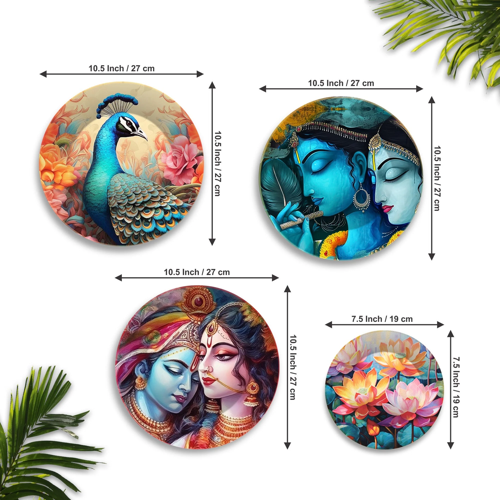 Radha Krishna and Peacock Wall Plates Painting Set of Four - Image 6