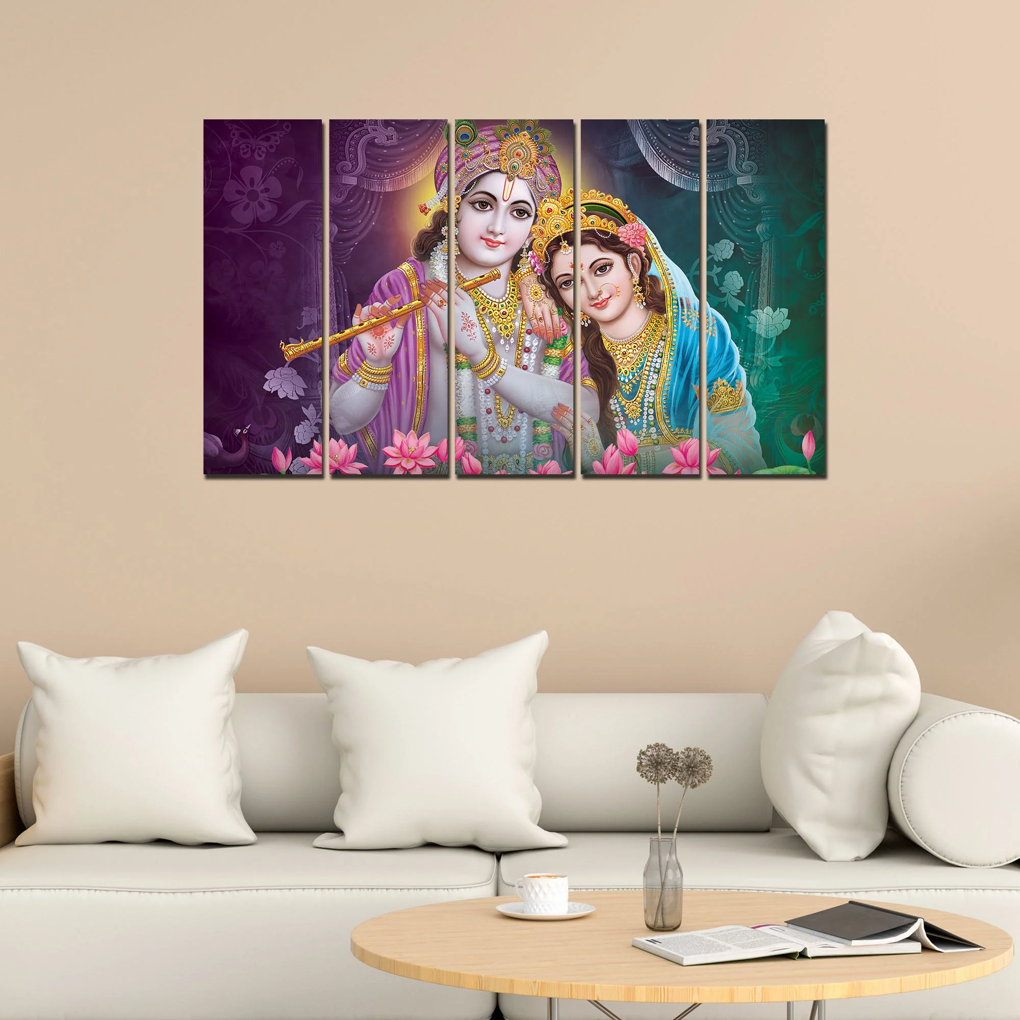Radha Krishna Canvas Religious Wall Painting Set of 5 - Image 2