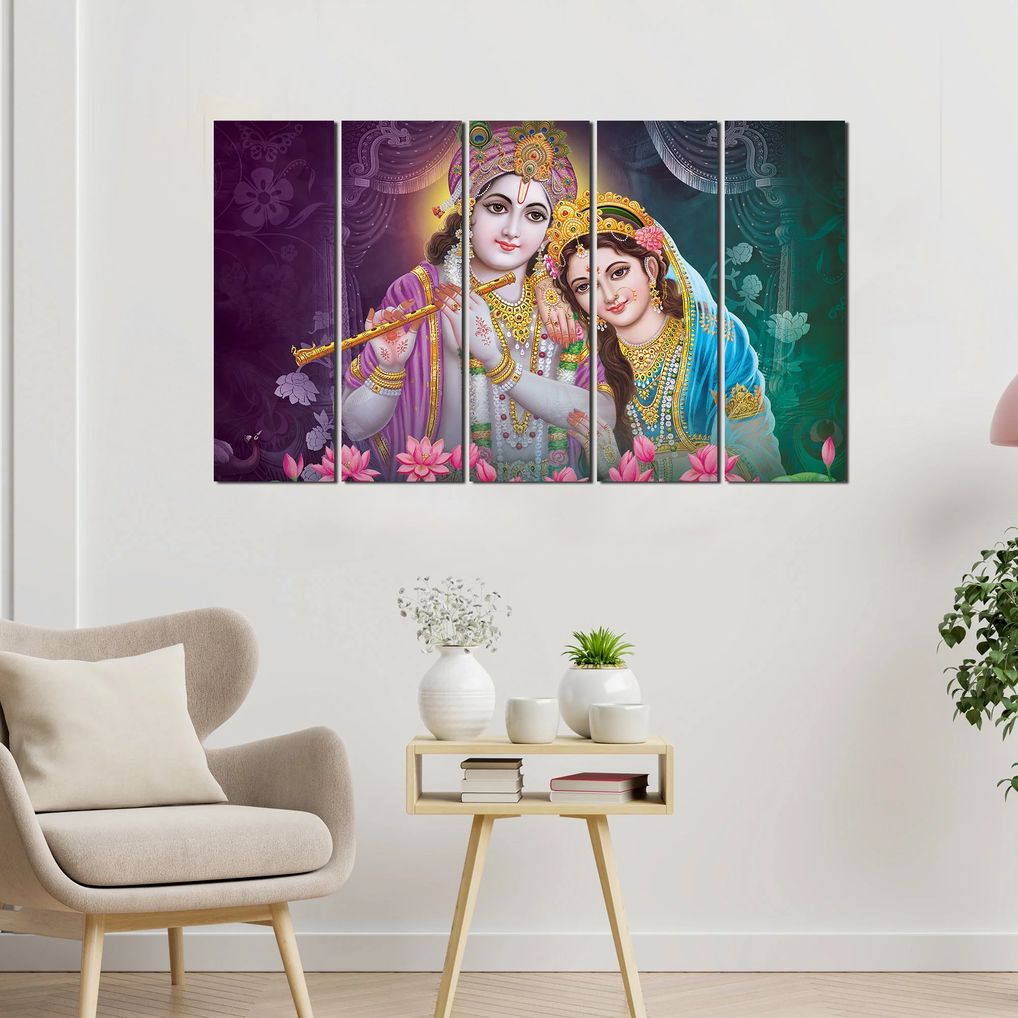Radha Krishna Canvas Religious Wall Painting Set of 5 - Image 3