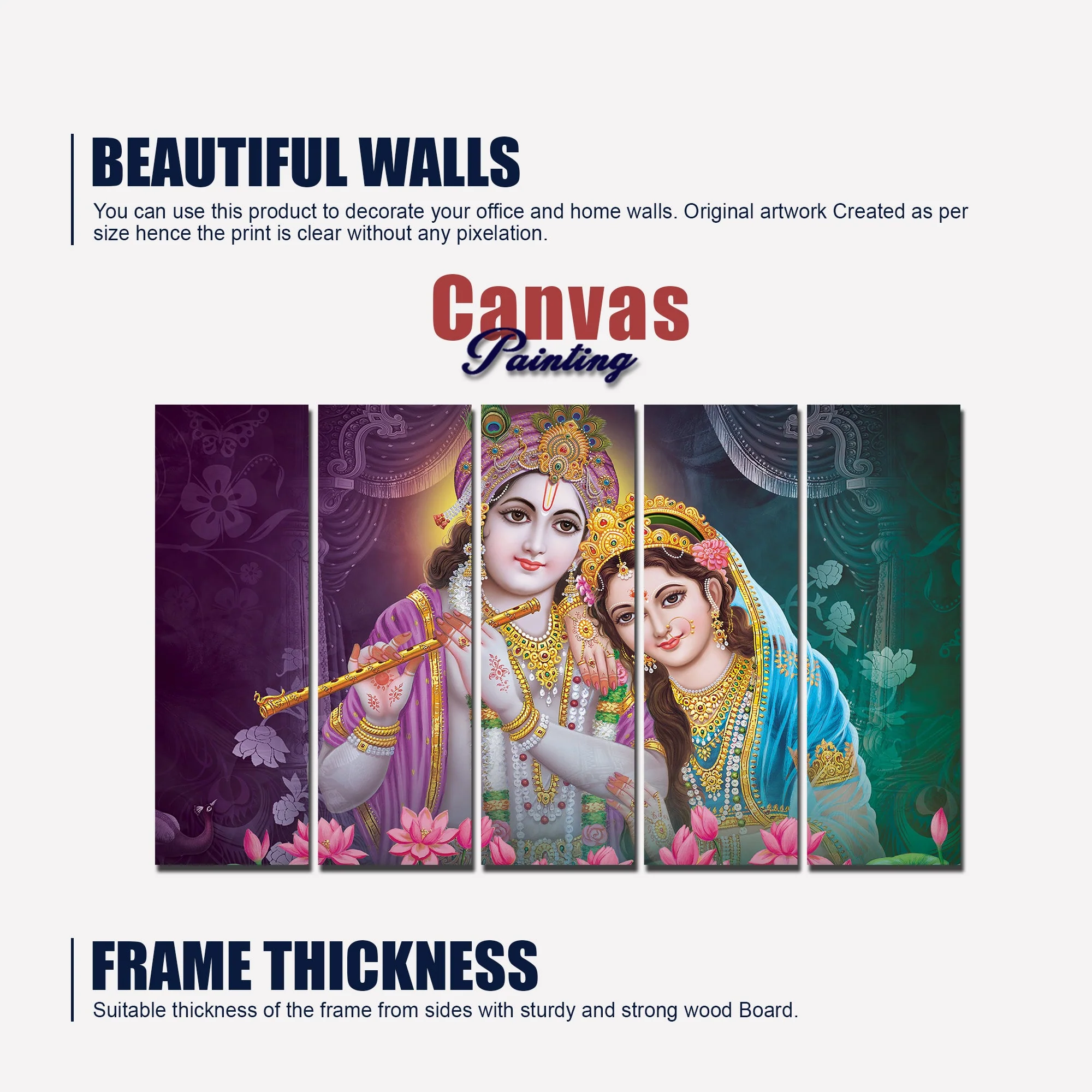 Radha Krishna Canvas Religious Wall Painting Set of 5 - Image 5