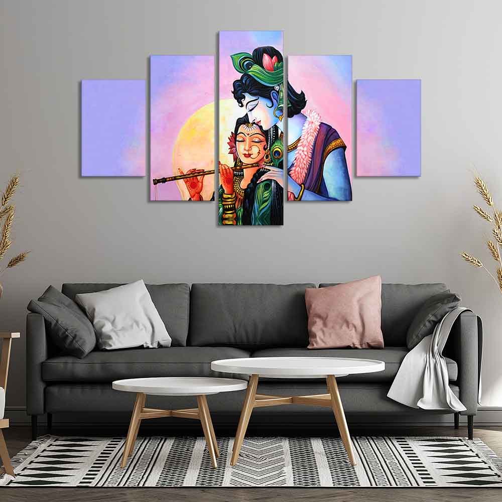 Radha Krishna Canvas Wall Painting Set of Five Panels - Image 3
