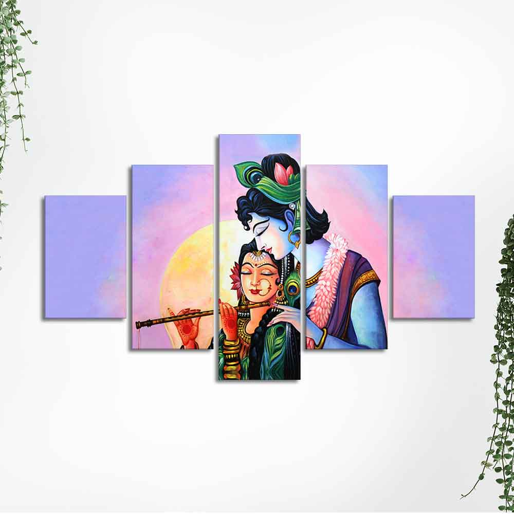 Radha Krishna Canvas Wall Painting Set of Five Panels - Image 6