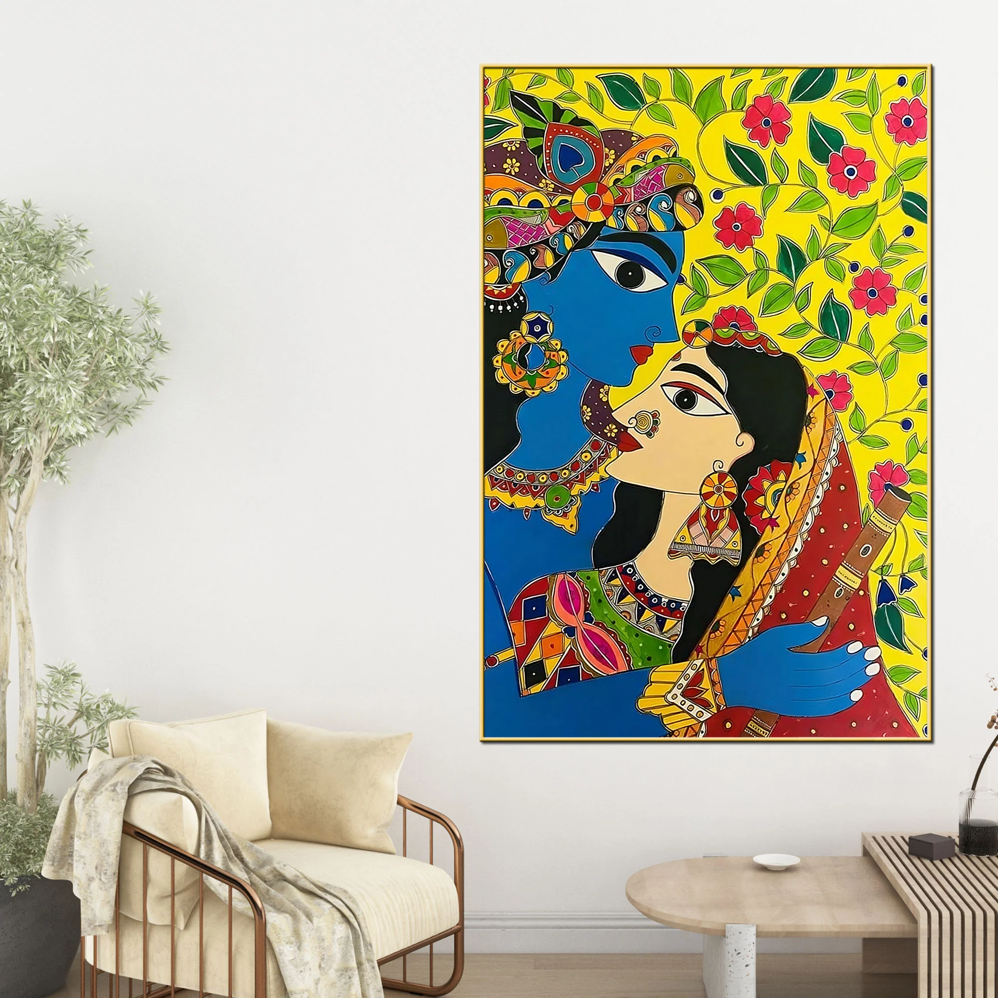 Radha Krishna Colorful Madhubani Canvas Painting