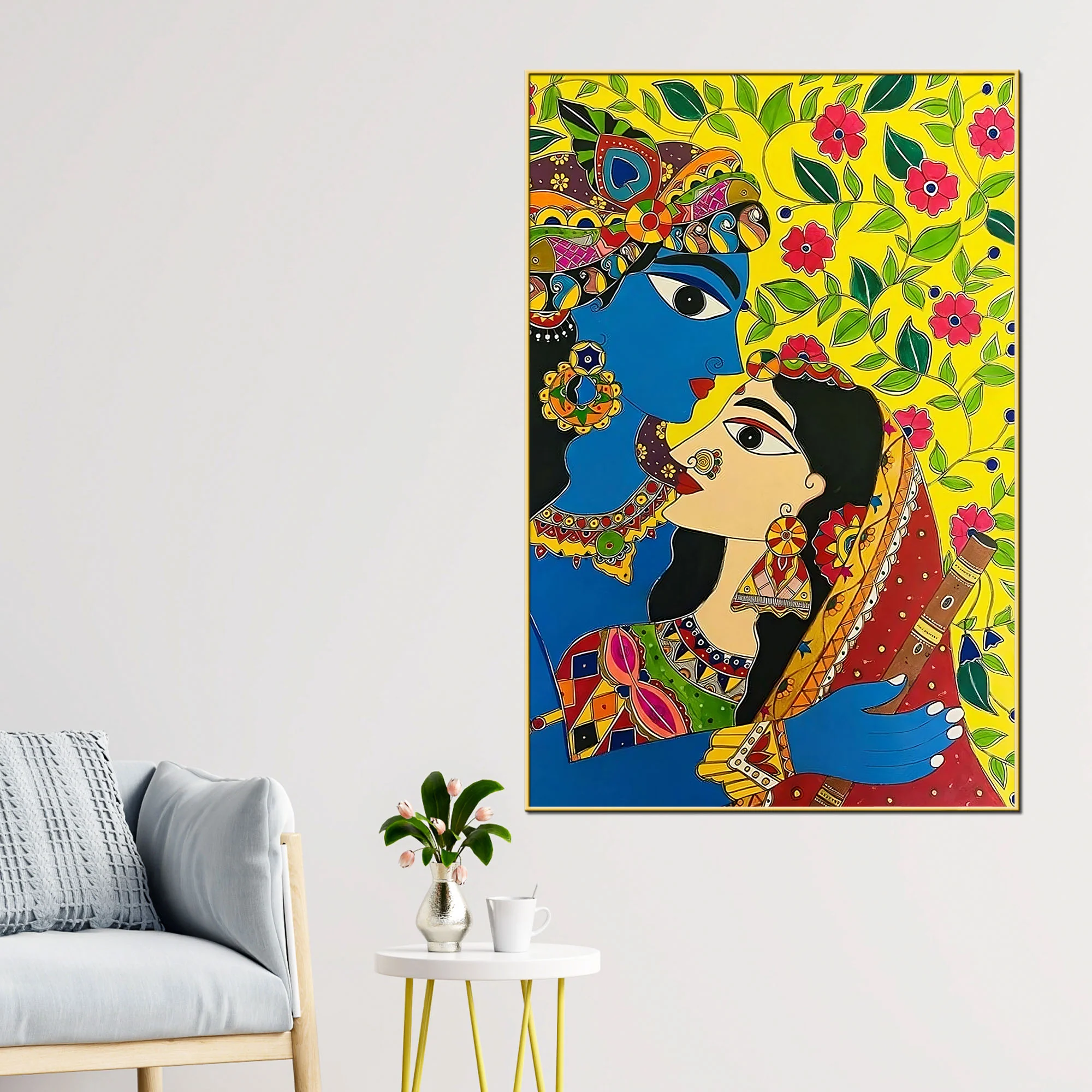 Radha Krishna Colorful Madhubani Canvas Painting - Image 2