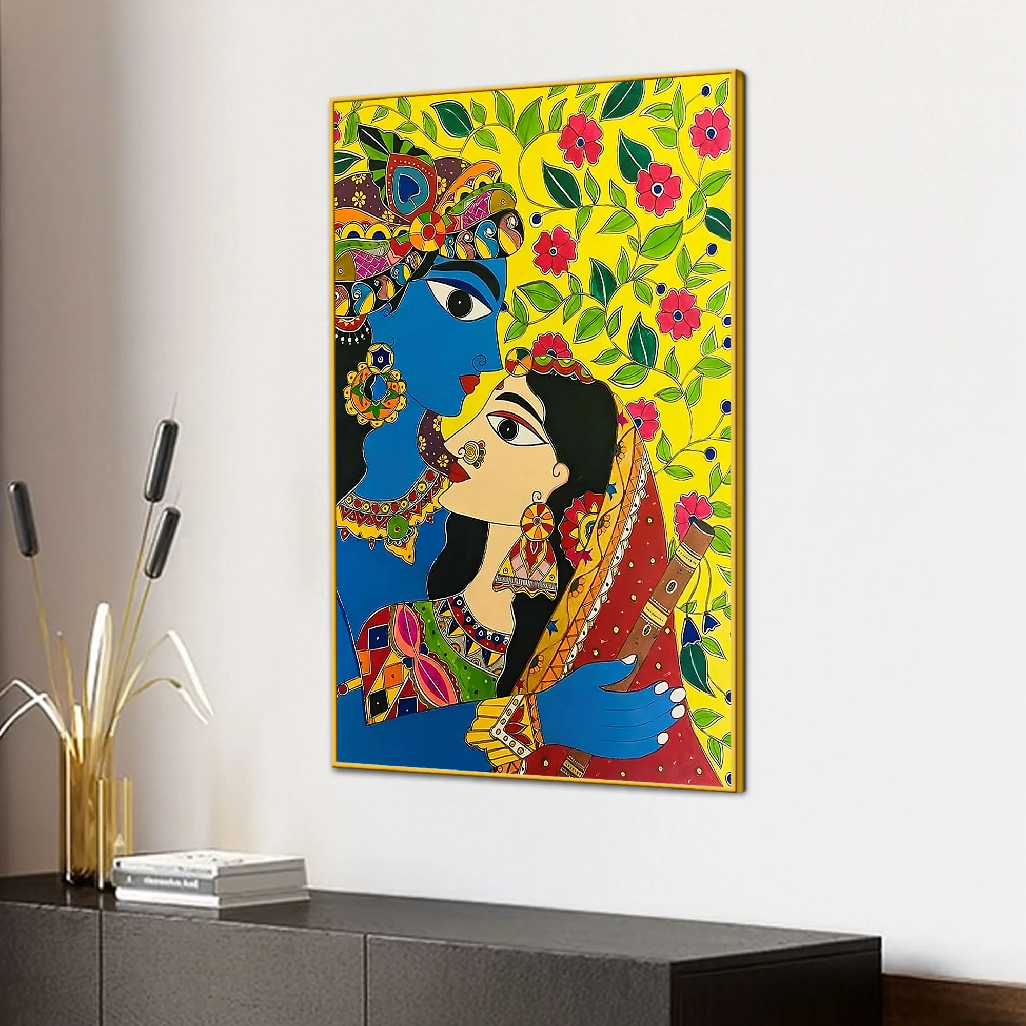 Radha Krishna Colorful Madhubani Canvas Painting - Image 3