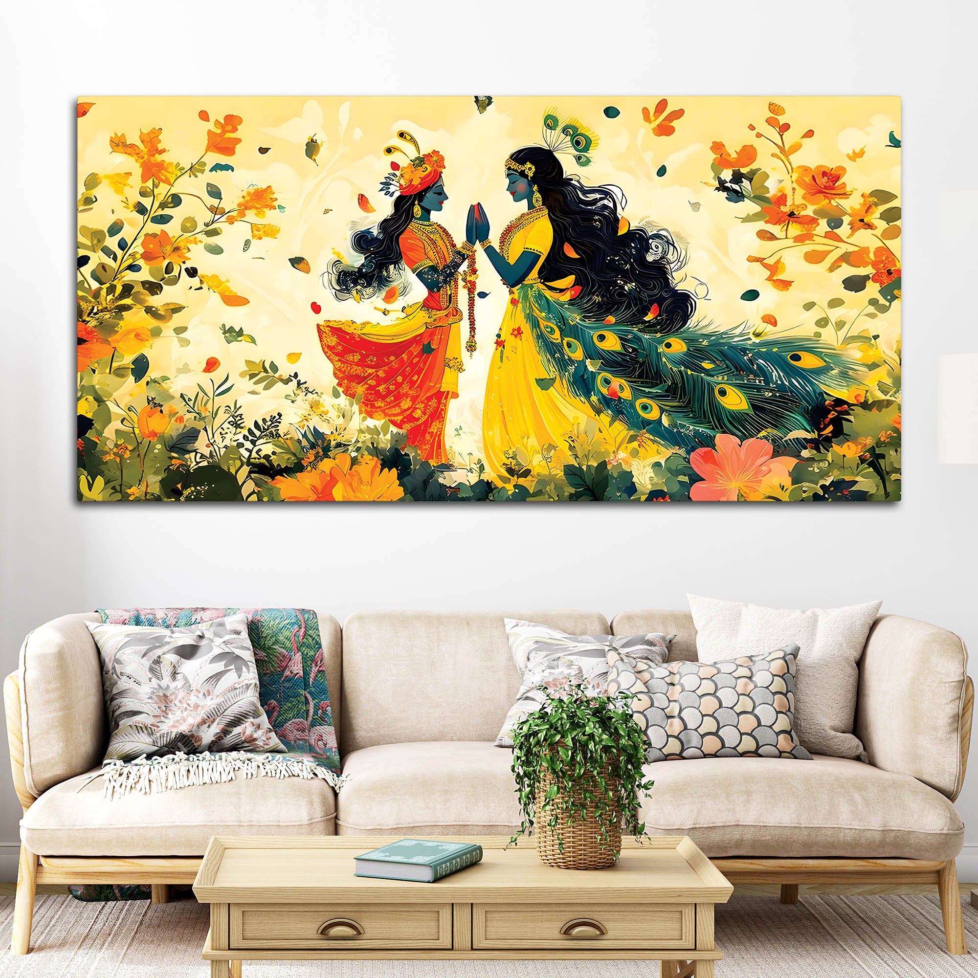 Radha Krishna Floral Spiritual Canvas Wall Painting for Home Decor - Image 3
