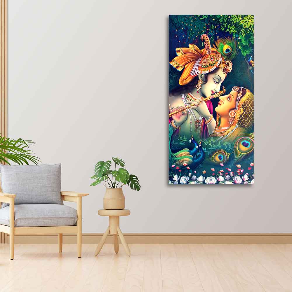 Radha Krishna in Anand Vatika Canvas Wall Painting for Hall - Image 4