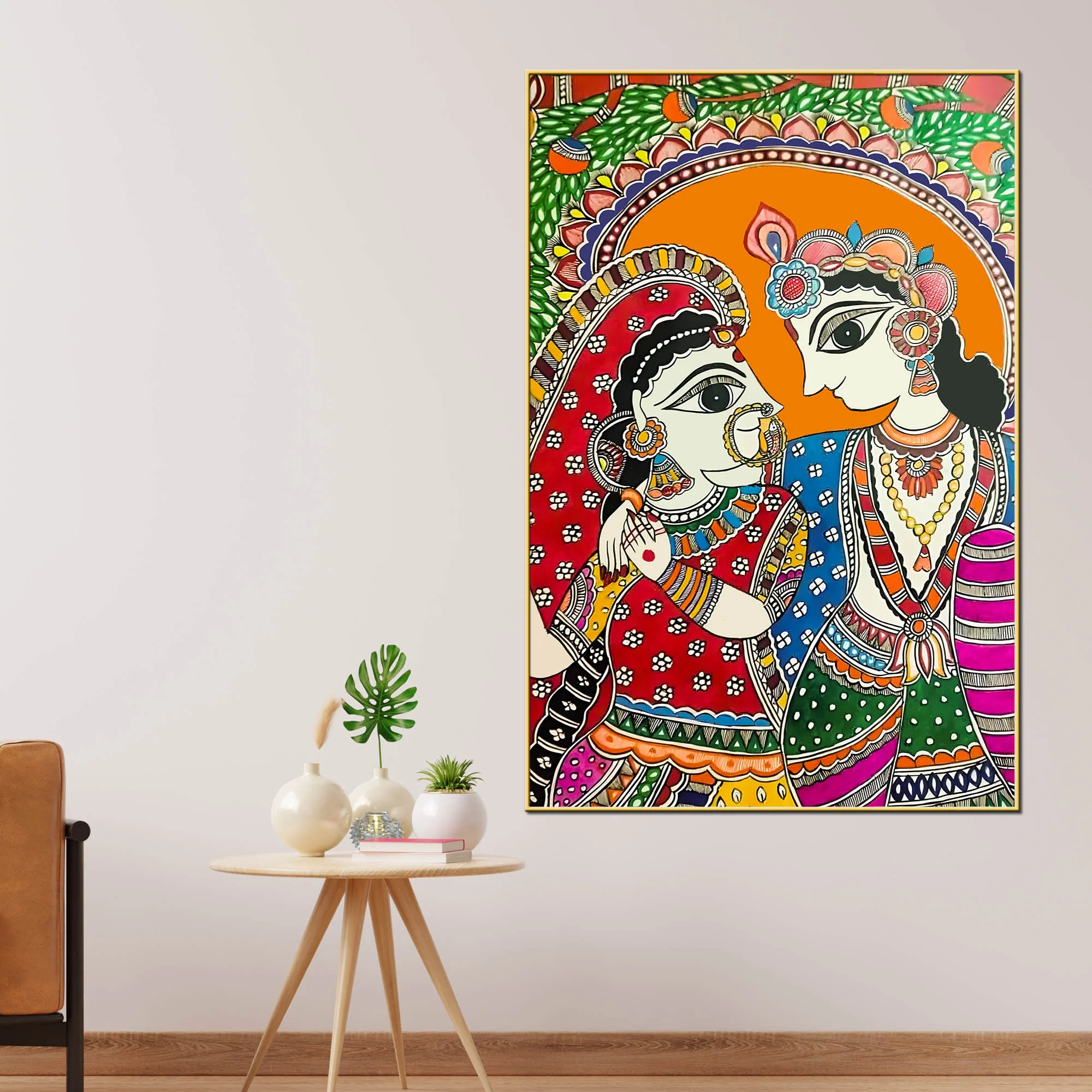 Radha Krishna Love Madhubani Style Canvas Wall Painting - Image 2